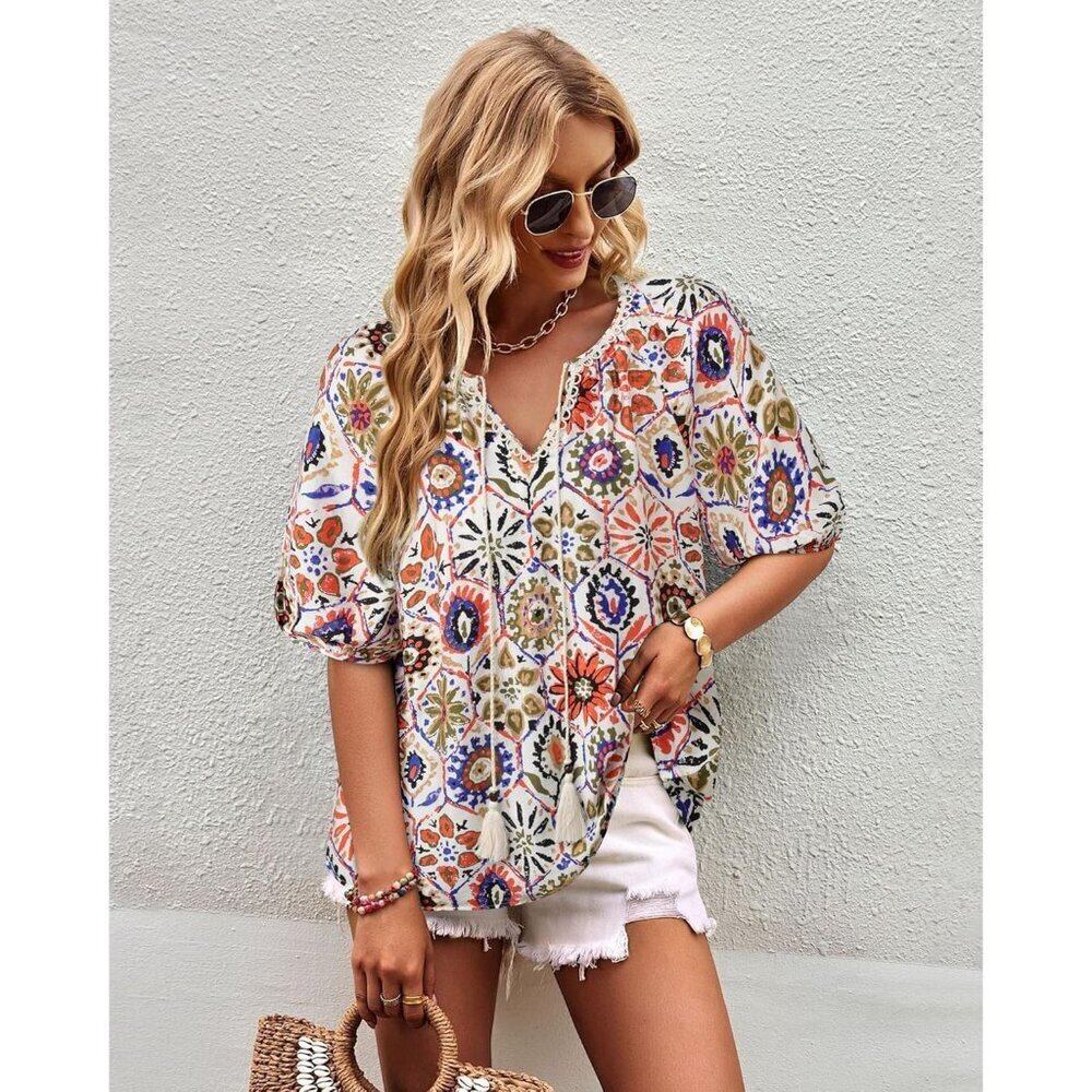Womens Boho Top Cotton Blend Flowy Short Sleeve V Neck Floral Vacation - Picture 4 of 6